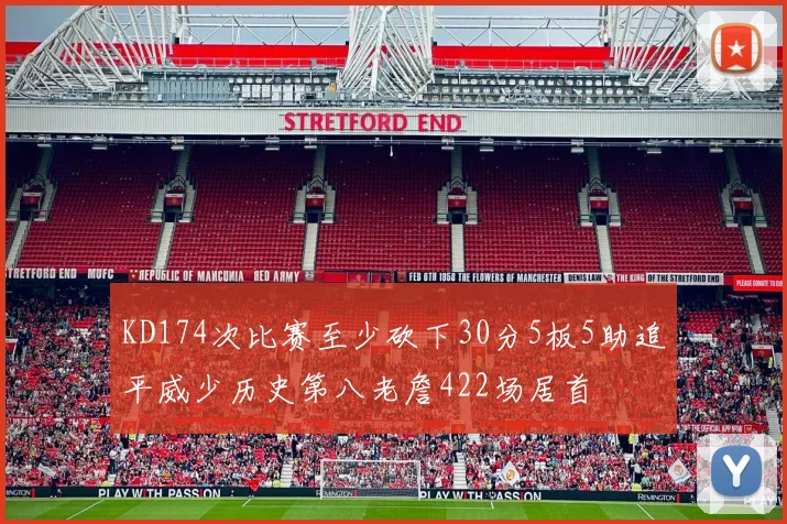 KD174次比赛至少砍下30分5板5助追平威少历史第八老詹422场居首